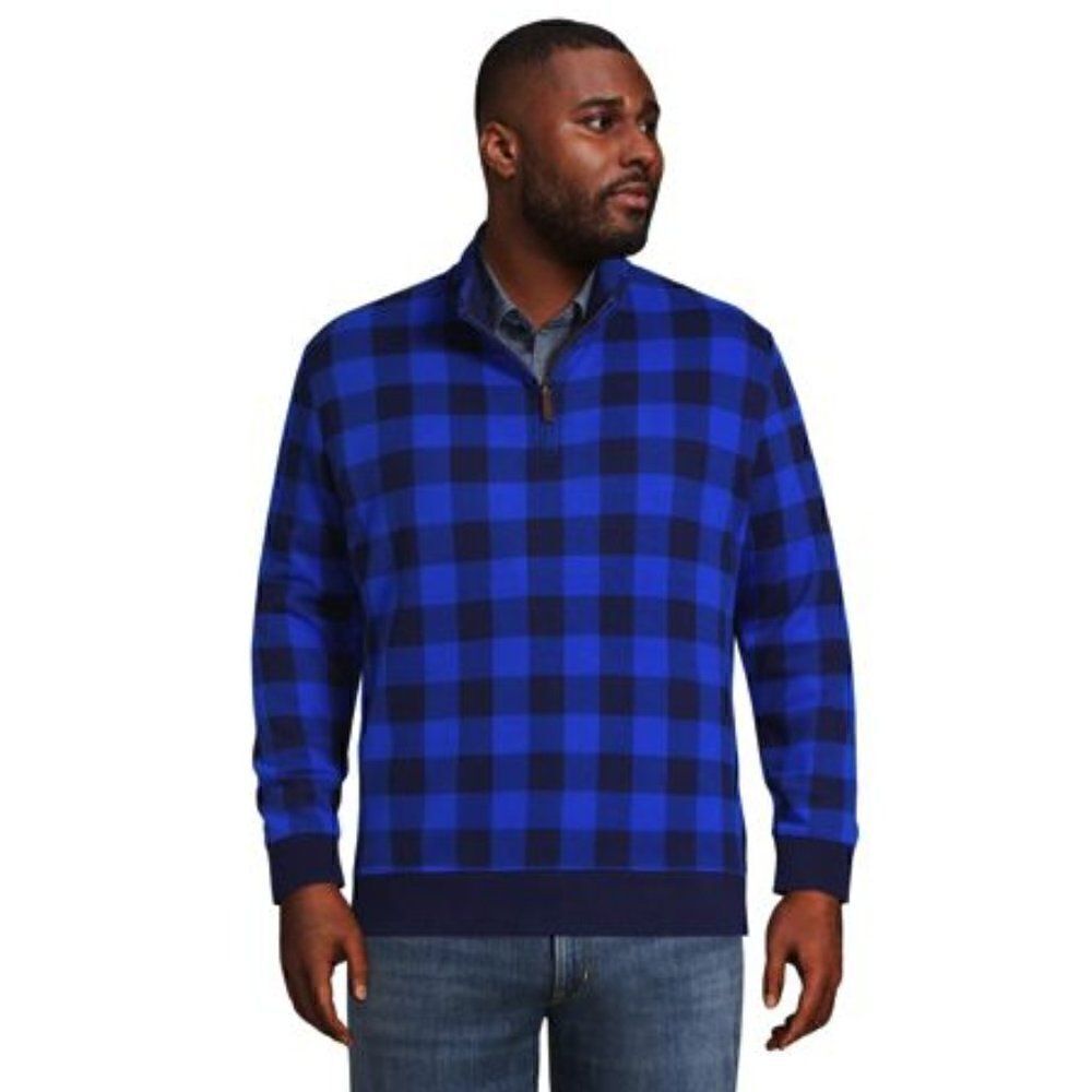 Lands End Quarter Zip Pullover Buffalo Check Plaid Blue Medium NWOT Bedford